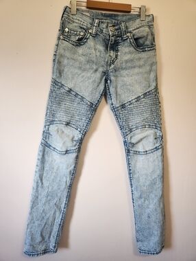 True Religion Geno Relaxed Slim Moto Jeans Light Acid Wash Size 29 EUC Biker